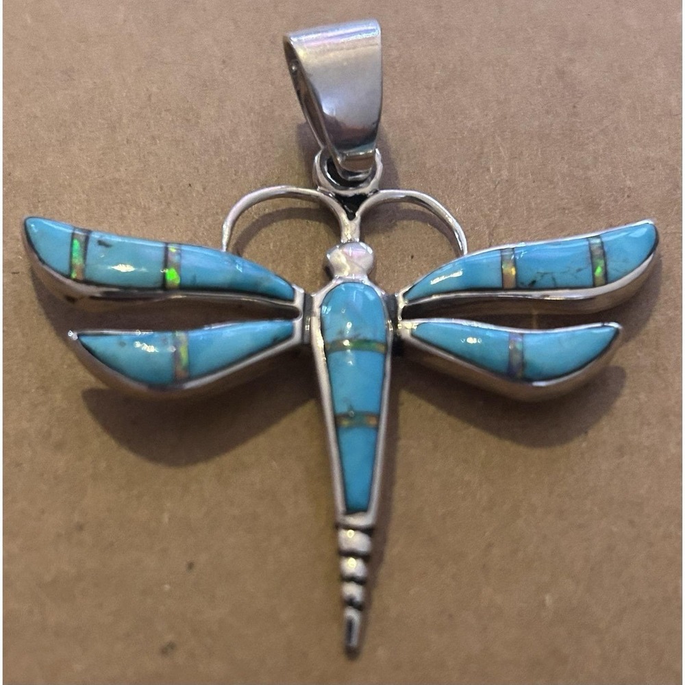 Large Vintage Sterling Silver Dragonfly Pendant Turquoise & Opal Inlay 925